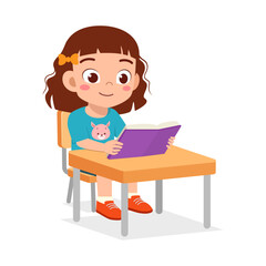 Cute Little Girl Reading a Book at Her Desk with Smile Expression in Cartoon Style