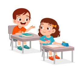 Fototapete Wohnzimmer Two happy kids studying at desk with book and pencil smiling at school cartoon illustration  © Colorfuel Studio