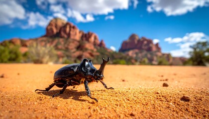 A black beetle on red sand, background shows rock formations, blue sky