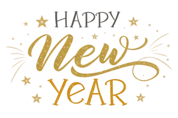 Golden glittering happy new year text with stars and fireworks isolated on transparent background