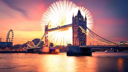 New Year fireworks over Tower Bridge in London   - Powered by Adobe