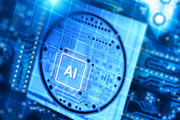 Technology. Artificial Intelligence, Computing, Innovation. Close-up of digital microchip with AI symbol on electronic circuit board representing machine learning and modern data processing.