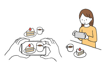 スマホでスイーツを撮影している人の手描きイラスト