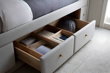 Gray Upholstered Bunk Bed With Built In Storage Drawers Modern Bedroom Furniture Space Saving Design