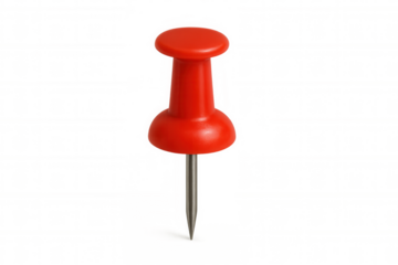 Red push pin pointing important information, securing paper documents, office supply tool on transparent background