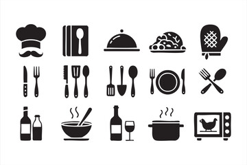 Flat vector icons of food and chef elements for kitchen and dining themes