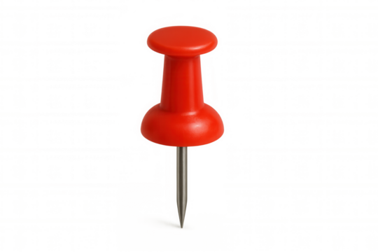 Red push pin pointing important information, securing paper documents, office supply tool on transparent background