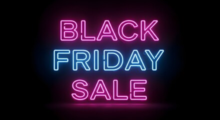 Fototapeta premium Black friday sale neon sign glowing in pink and blue colors against a dark background, representing shopping and discounts