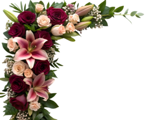 Elegant floral arrangement featuring roses lilies and babys breath isolated on black for wedding designs or romantic themes