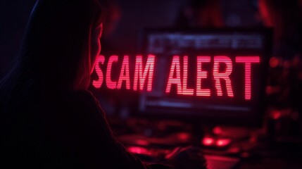 A focused individual observing a computer monitor displaying a red 'SCAM ALERT' message, symbolizing online security threats.