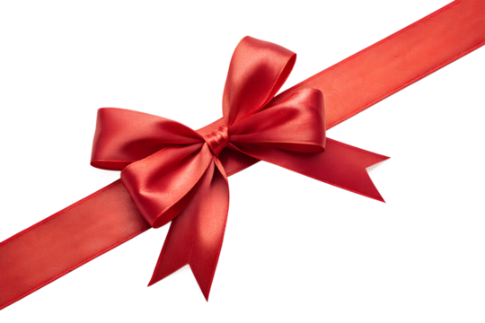 Elegant red satin ribbon tied in a bow with glitter accent on a diagonal band isolated on transparent background