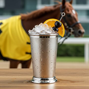  A refreshing Black-Eyed Susan cocktail (vodka, bourbon, peach schnapps, orange juice, sour mix), served in a tall silver cup, overflowing with crushed ice, garnished with an orange slice and a cherry
