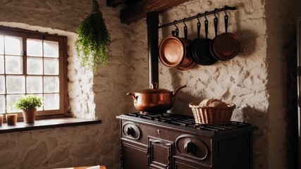 Sunlit rustic kitchen with hanging copper pots and wicker basket on vintage stove