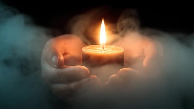 Hands holding candle flame in darkness  