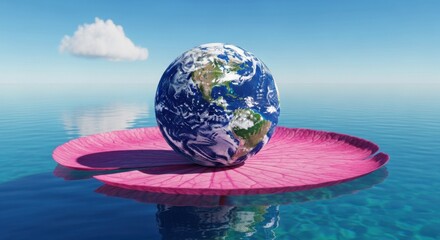 Vast Aquatic Landscape Features a Realistic Earth Globe Resting on a Gigantic Pink Lotus Flower Beneath a Cloudy Blue Sky