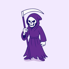 Cute cartoon grim reaper character holding a scythe, wearing a dark hooded robe, isolated on light background.