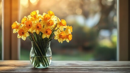 A beautiful bouquet of yellow daffodils in a glass vase by a sunny window.