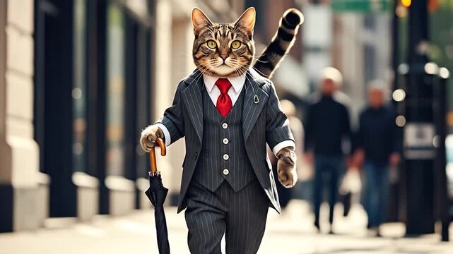Confident cat walks in stylish suit video, a funny pet with swagger and charm