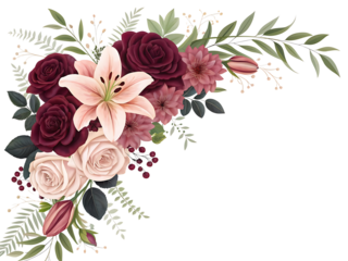 Elegant floral arrangement with burgundy and blush roses and a soft pink lily on black background