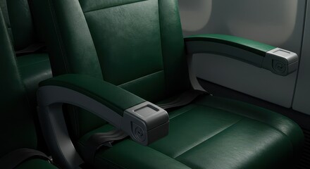 Fototapeta premium Green leather airplane seats with armrests and seatbelts.