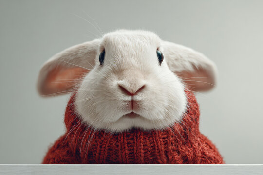 Close-up portrait of white rabbit wearing red knitted sweater against beige background. Concept of winter holidays, Christmas and cute animals