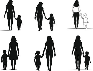Mother and child walking silhouette, family bond vector, parenting illustration, emotional connection, caregiver support, black and white minimalist art