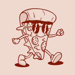 Hand Drawn Pizza Slice in Vintage Cartoon Style. Perfect for retro food design, restaurant logos, menu decoration, poster art, packaging.