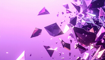 Purple Metallic Crash　Mirror Shards and Debris Floating on a Vivid Violet Background, Stylish Explosion, Abstract Futuristic Design