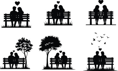 Romantic couple bench silhouette vector set, love illustration, heart symbol, nature scene, black and white design, relationship concept, affection moment, birds tree