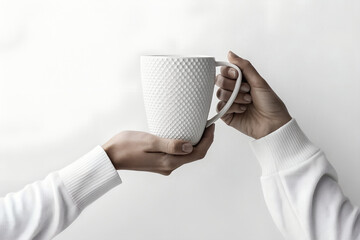 Hands Holding White Textured Coffee Mug on White Background.