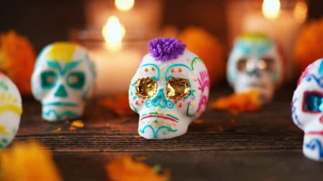 Decorated Sugar Skulls on Wooden Table for Day of the Dead Celebration