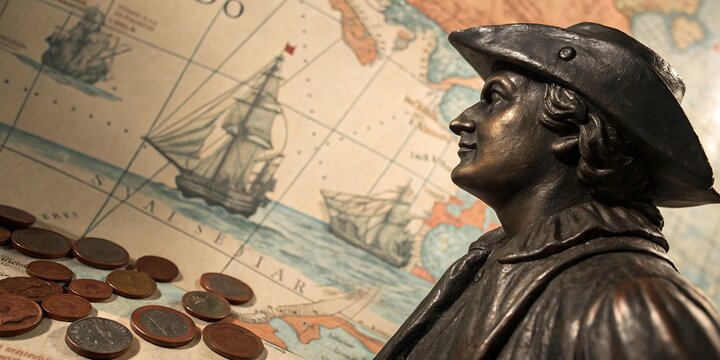 Bronze bust of explorer christopher columbus gazes towards a vintage map depicting sailing ships and scattered coins symbolizing discovery and exploration