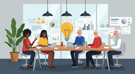 Diverse team collaborating on innovative ideas in a modern meeting room, brainstorming success with a bright lightbulb symbol.