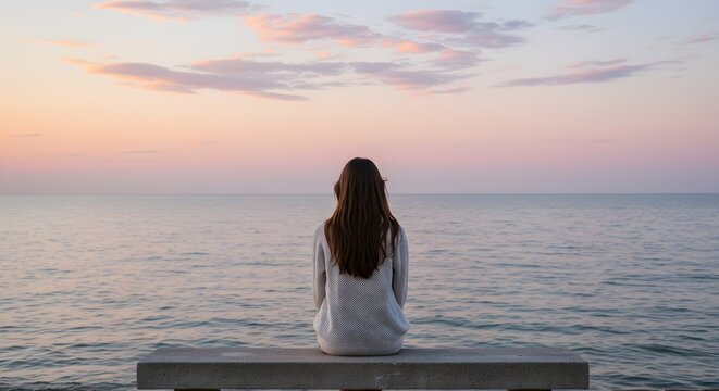 A person sits on a bench, facing the ocean at dusk, sky painted with pastels - Powered by Adobe