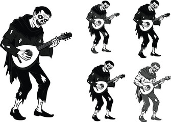Skeleton musician playing lute, fantasy undead bard character, Halloween cartoon vector, spooky music performer, medieval costume, animated pose, digital art