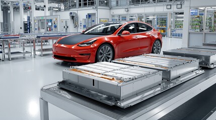 Obraz premium Red car electric vehicle with multiple battery packs moving along an assembly line in a modern car manufacturing plant