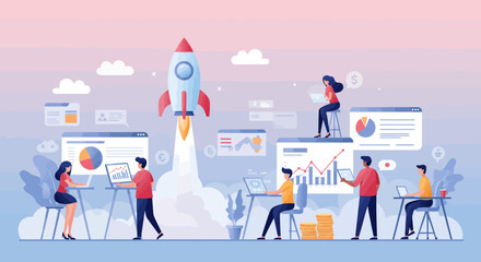 Dynamic team launching innovative project with data insights and rocket ship symbolizing startup growth and financial success