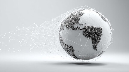 Hyperrealistic abstract data globe floating in clean white space, symbolizing global connectivity, digital networks, and futuristic technology in a minimalist style.
