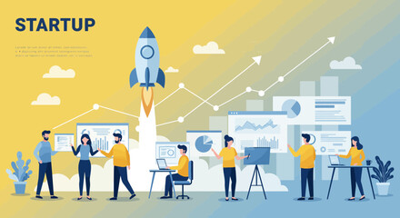 Dynamic startup team launches ambitious project with rocket ascent and growth charts showcasing successful business development and innovation.