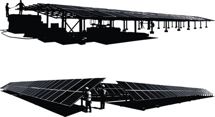 Solar panel installation silhouette vector, roof-mounted and ground-mounted systems, renewable energy workers, clean power infrastructure, black graphic icon, sustainable tools