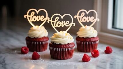 Three delicious red velvet cupcakes topped with creamy white frosting and adorned with elegant love heart shaped toppers perfect for celebrating romance and special occasions