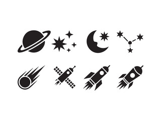 Naklejka premium Space Celestial Elements Planet Comet Stars Rocket Silhouette Design Set