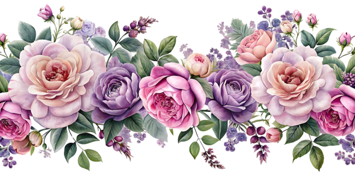 Elegant Watercolor Roses Border Design in Pink and Purple Tones for Floral Background and Decorative Art Projects - Powered by Adobe