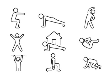 Bodyweight fitness icon set. Thin line icons for home workout, strength training, cardio. Editable stroke vector symbols for squat, plank, lunge, pull-up, stretching.