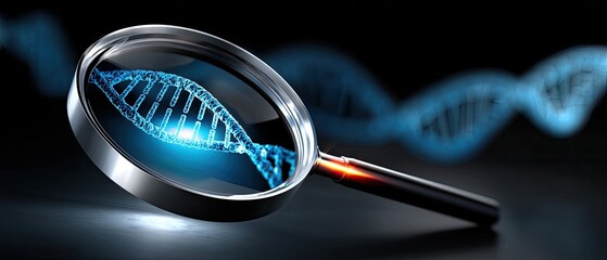 DNA cell forensic concept. Magnifying glass focusing on a DNA strand with a glowing background.