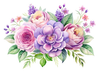 Watercolor Flower Arrangement of Roses Lavender and Green Leaves Floral Illustration for Greeting Cards and Wedding Invitations Design
