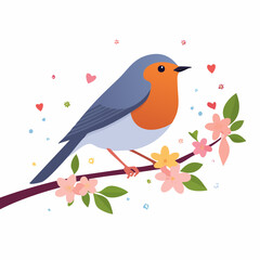 Flat vector of a robin bird on a spring branch with flowers blooming, cheerful color palette, modern flat design