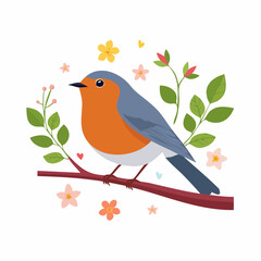 Flat vector of a robin bird on a spring branch with flowers blooming, cheerful color palette, modern flat design