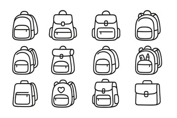 Backpack line icon set. Simple schoolbag and rucksack outline symbols. Back to school concept. Education, travel, and luggage vector illustration collection with editable stroke.