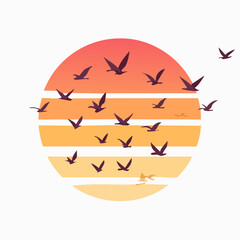Flat vector illustration of a flock of birds flying in formation across a sunset sky, minimalist silhouettes